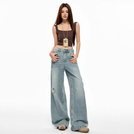 Retro Washed Distressed Jeans for Women, Loose High-Waisted Slim Straight Wide-Leg Pants, Floor-Length Pants