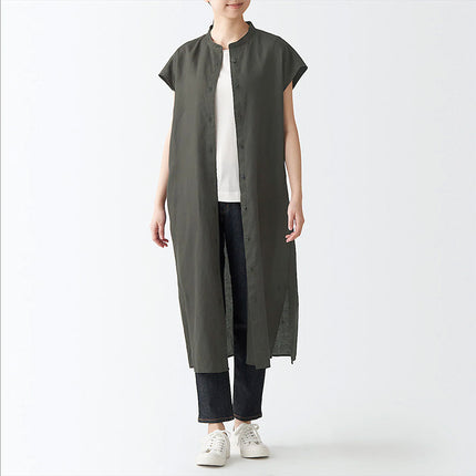 Japanese Style Linen Washed French Sleeve Dress with Vertical Collar Short Sleeve Thin Coat Long Large Size Cardigan Loose Clothes for Spring and Summer