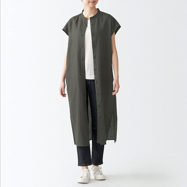 Japanese Style Linen Washed French Sleeve Dress with Vertical Collar Short Sleeve Thin Coat Long Large Size Cardigan Loose Clothes for Spring and Summer