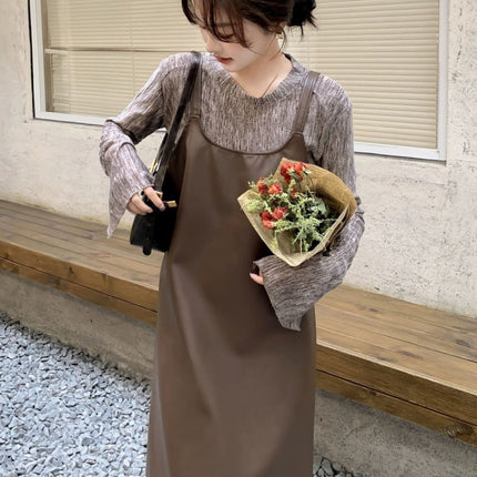 New in stock Tea dress suit Women's 2024 Spring and Autumn Leather Slip Skirt Knitted Two-piece Set