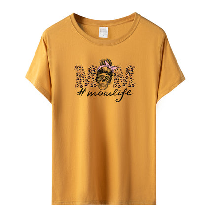 Amazon momlife Skull Leopard Print Sunglasses Mother's Day Gift Letter Print Casual Short Sleeve T-Shirt Women