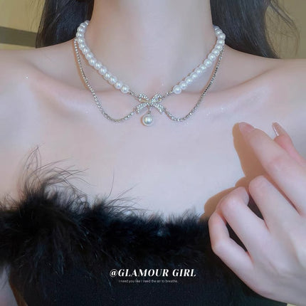 New Style Light Luxury Bow Pearl Necklace High-end Niche Design Collarbone Chain Simple All-match Alloy Necklace