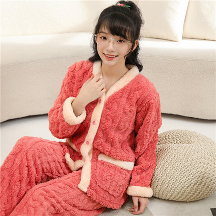 Autumn and Winter pajamas men's thickened fleece-lined warm coral fleece cartoon junior high school student home wear suit