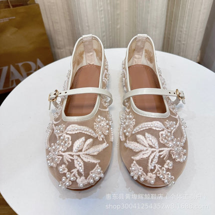 ZA new summer new fashion round toe flat shoes retro style mesh pearl embroidery mesh ballet shoes