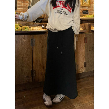Korean Style Fleece-Lined Skirt for Women, Autumn and Winter 2025 New Drawstring High-Waisted Straight Casual Skirt, Versatile A-Line Long Skirt