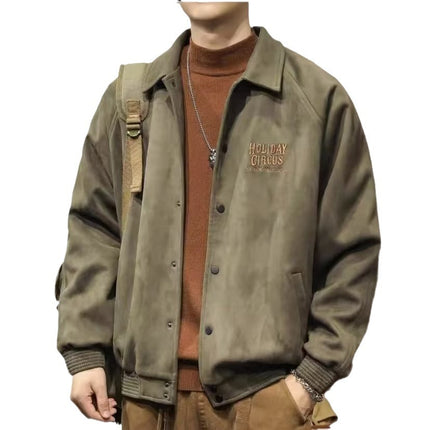 Gray green suede lapel baseball uniform men's loose spring and autumn heavy American casual jacket jacket top