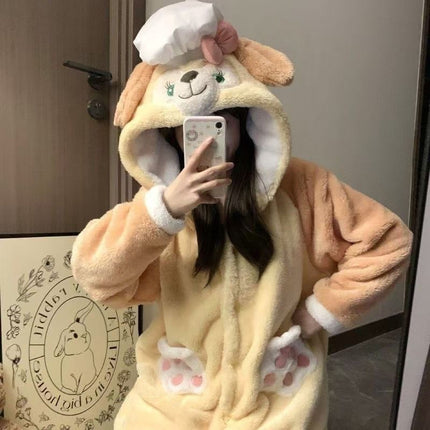 Butter Cake Chef Dog Pajamas Women's Winter Coral Fleece Thickened fleece-lined Winter Long Nightgown Home Clothes suit