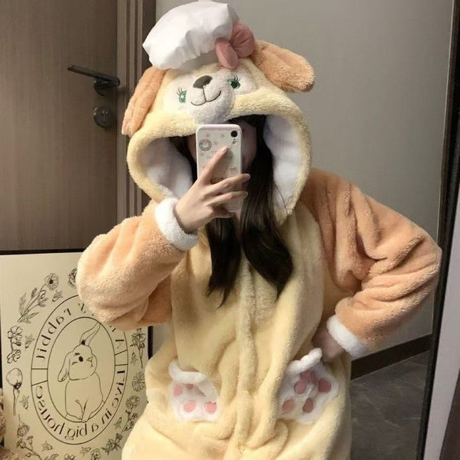 Butter Cake Chef Dog Pajamas Women's Winter Coral Fleece Thickened fleece-lined Winter Long Nightgown Home Clothes suit