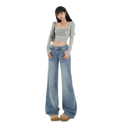 2025 American Retro Low-Waist Bootcut Pants for Women in Autum New Loose and Slim Floor-Length Jeans