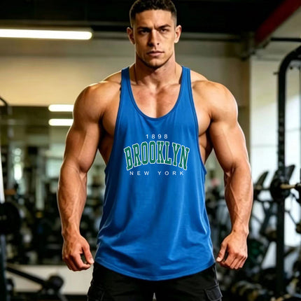Summer Men's Vest Thin Strap Sports European and American Bodybuilding Fitness T-shirt Printed logo Waistle I-Shoulder Loose Men