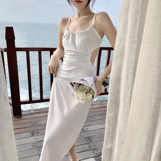 French Backless Elegant Suspender Skirt for Women, Summer Design White Dress with Straps, Slim-Fitting Sexy Long Skirt