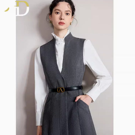 Spring and Autumn Fashion Design Sense Professional Suit dress High-grade Grey Small Vertical Collar Slim Vall Sleeveless dress