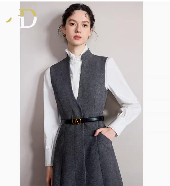 Spring and Autumn Fashion Design Sense Professional Suit dress High-grade Grey Small Vertical Collar Slim Vall Sleeveless dress