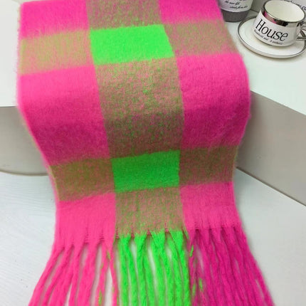 New Rainbow Plaid Tassel Scarf Women's Autumn and Winter European and American Cross-border Color-matching Cashmere and mohair Shawl Thickened Wai