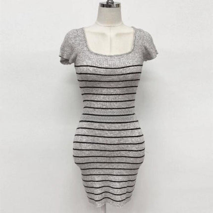 South Korea's Dongdaemun New Style Slim-Fitting U-Neck Figure-Flattering Stripesd Short-Sleeved Hip-Covering Bottoming Knitted Dress
