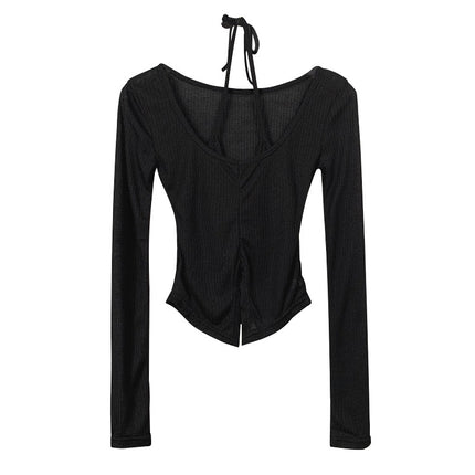 South Korea Dongdaemun Slim-fit Slim-fit Sexy Pure Desire Slightly Brewable Figure Short Long-sleeved T-shirt Top for Women