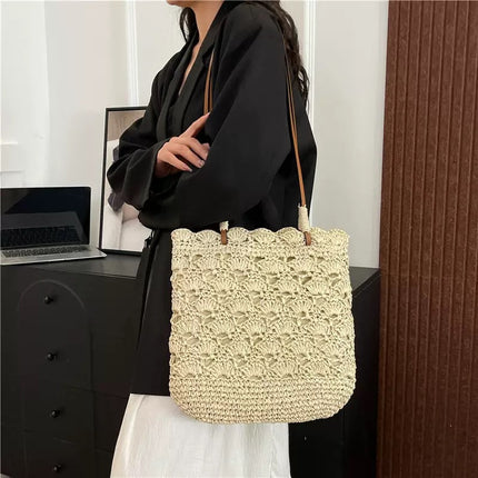 New Hollow Straw Bag, Handmade Crocheted Bag, Women's Large-Capacity Portable Tote Bag, Seaside Vacation Beach Bag