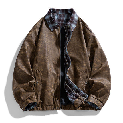 Men's Jacket Spring and Autumn Large Size Loose American Style Trendy Jacket Lapel Motorcycle Casual Retro Versatile Leather Jacket Top