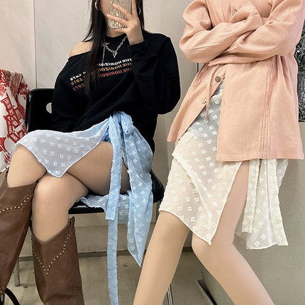 Falling pool knitted ~ spring and summer see-through mesh lace flower stitching lace split skirt apron fart curtain overlapping