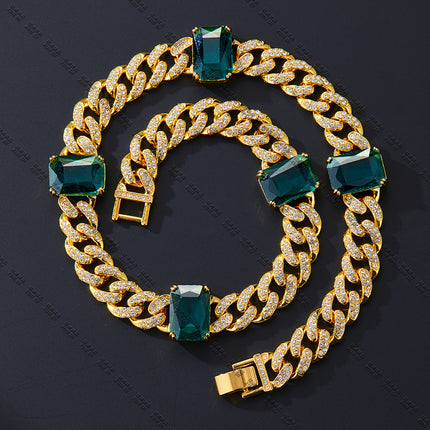 Emerald New Hip-Hop Necklace, Fashionable and High-End Alloy Rhinestone Cuban Chain Pinduoduo Drop Shipping