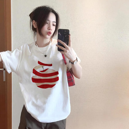 White Pure Cotton Apple Short-Sleeve T-Shirt for Women, Summer 2026 New Design, Niche Style, Regular Shoulder, Loose Half-Sleeve Top, Trendy