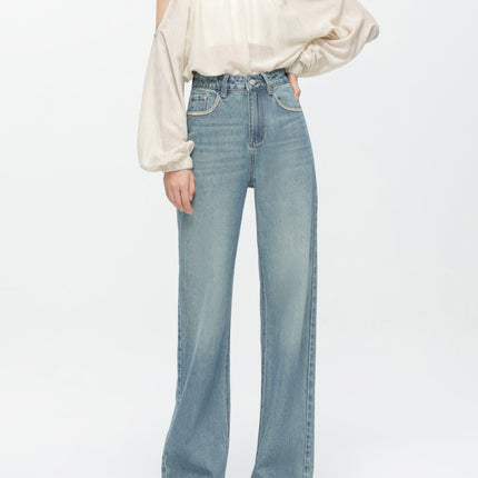 High-End 2026 Women's Jeans Spring Vintage Korean Style Simple Loose Drape High-Waisted Slimming Floor-Length Pants