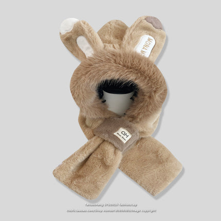 Rabbit Ears Hat Scarf All-In-One Hat for Women Winter Cute Plush Furry Animal Plus Scarf Two-Piece Hat