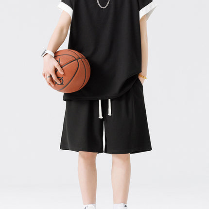 Set of Ice Silk Short-Sleeved T-Shirts and Shorts, Two-Piece Set for Teenagers, Trendy Men's Clothing, Boys' Casual Suits