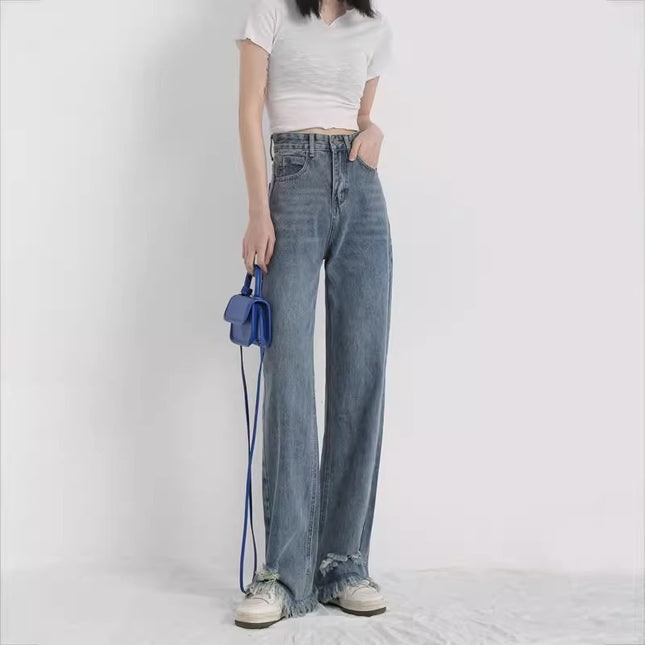 European and American Ripped Tassel High Waist Jeans Women's 2024 Summer New Niche Design Sense Straight-leg Loose Mop Pants