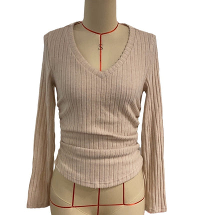 In-Stock 2025 Autumn/Winter New Arrivals Amazon Cross-Border Exclusive V-Neck Long-Sleeve Brushed Ribbed Knit T-Shirt Top