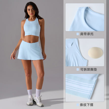 Fashion Contrast Color Yoga Clothing suit Shock-proof Push-up Sports Underwear Naked-feeling Band Lined Sports Skirt suit Women