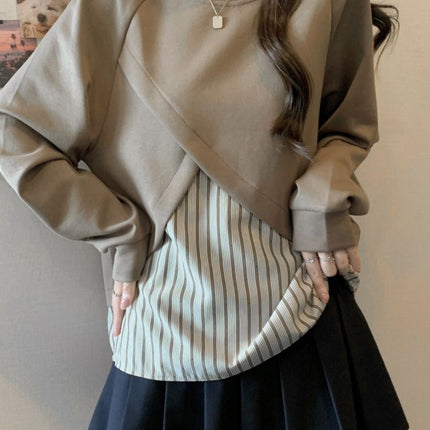 Plus-Size Women's Loose Striped Patchwork Faux Two-Piece Top for Autumn, Slimming Versatile Regular Shoulder Base Shirt