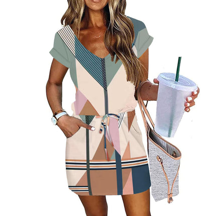 Women's Colorful Striped Printed V Neck Short Sleeve Drawstring Elastic Waist Pocket Pullover Dress