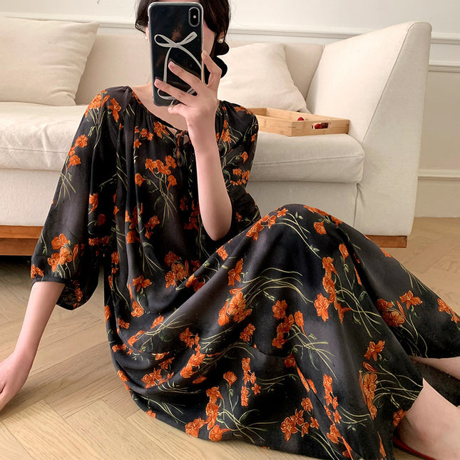2026 New Cotton Silk Nightgown for Women, High-End Printed Short-Sleeved Long Dress, Large Size, Thin Style, Can Be Worn Outside as Loungewear