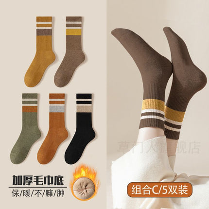 Socks Women's Autumn and Winter Mid-length Socks fleece-lined Thickened Warm terry Towel Bottom Cotton Socks High-tube Fashionable Women's Stockings