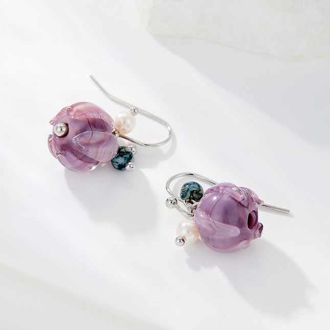 Vintage New Chinese Purple Glaze Flower Earrings Sweet All-match Natural Stone Earrings Earrings Distinctive Earrings
