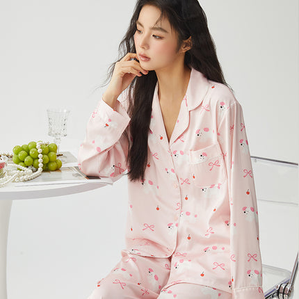 Bow Dog Cartoon Sweet Cute Wind Women's Pajamas Ice Silk Early Spring Comfortable Long Sleeve Home Clothes