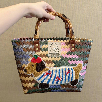 Woven Bag, Dachshund Vegetable Basket, Retro Rattan Handbag, Bamboo Straw Bag, Handmade Bamboo Bag, Beach Bag