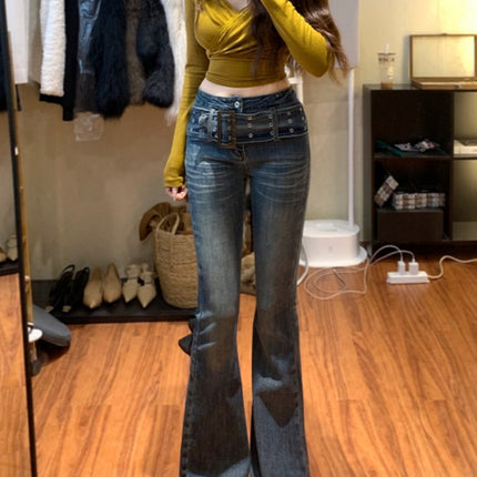 Vintage Blue Belted Flared Jeans for Women Trendy Versatile New High-Waisted Slimming Stretchy Butt-Lifting Wide-Leg Pants