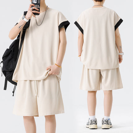Set of Ice Silk Short-Sleeved T-Shirts and Shorts, Two-Piece Set for Teenagers, Trendy Men's Clothing, Boys' Casual Suits