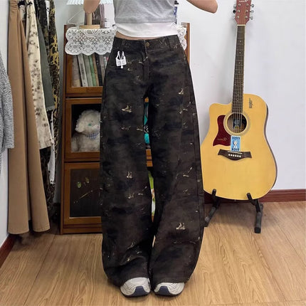 American High Street Retro Camouflage Wide-Leg Jeans for Women, Trendy High-Waisted Loose Slimming Petite Floor-Length Straight Pants