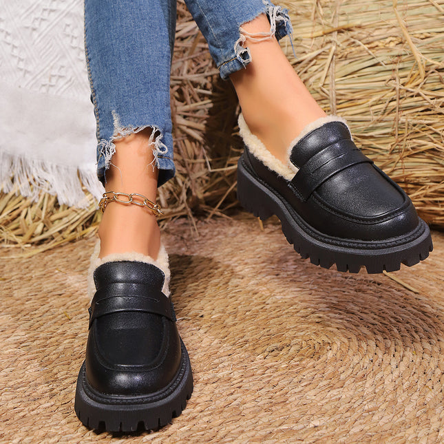 British Style fleece-lined Small Shoes Women's 2024 Autumn and Winter New Warm Loafers Slip-on plus size Cotton Shoes