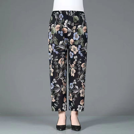 Middle-Aged and Elderly Women's Summer Thin Floral Pants, Loose Fit, Ice Silk Cropped Granny Pants, Direct from Manufacturer