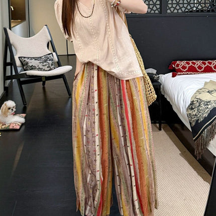 25 Summer "Rainbow Kingdom" Lazy Colorful Striped Thin Summer Wide-Leg Straight Pumpkin Women's Pants