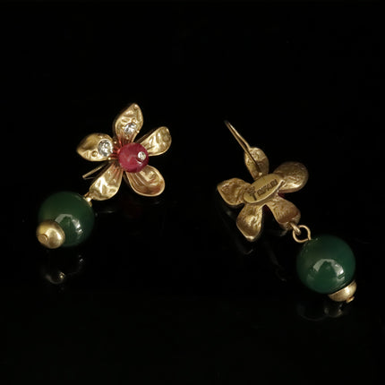 Retro Exquisite Diamond Flower Ear Hook Old Craft Antique Green Glass Pendant Earrings