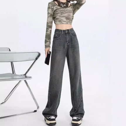 Retro Distressed Wide-leg Jeans for Women Summer 2024 New American High-waisted Loose Slimming Look Draped Floor-length Pants
