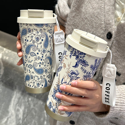 Factory Blue and White Porcelain Stainless Steel Overlord Tea Queen Flower Language Series Coffee Cup Portable Double Drinking Cup with Good Appearance