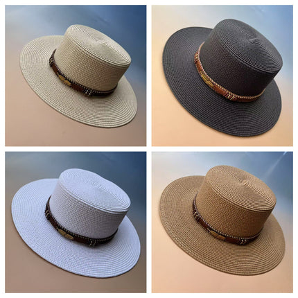 Bohemian Cowboy Style Flat-Top Straw Hat for Women's Summer Travel and Vacation Sun Protection Hat for Shopping and Versatile Flat-Brimmed Hat