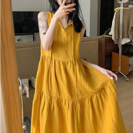 Summer New Cotton and Linen Ins Gentle Solid Color Sleeveless dress French Loose Strap Slimming Holiday Style Long Dress