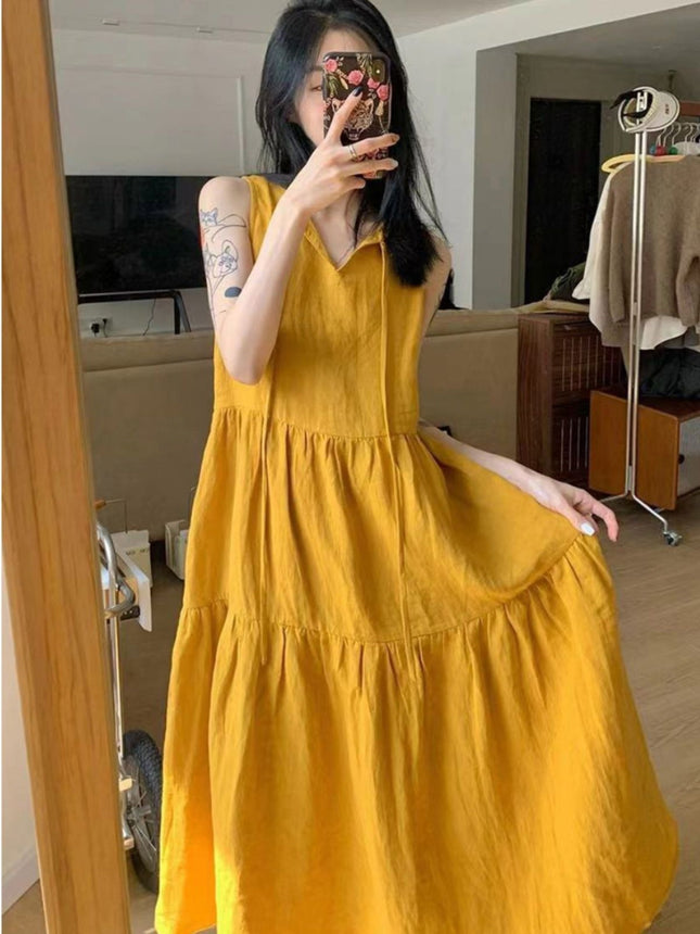 Summer New Cotton and Linen Ins Gentle Solid Color Sleeveless dress French Loose Strap Slimming Holiday Style Long Dress